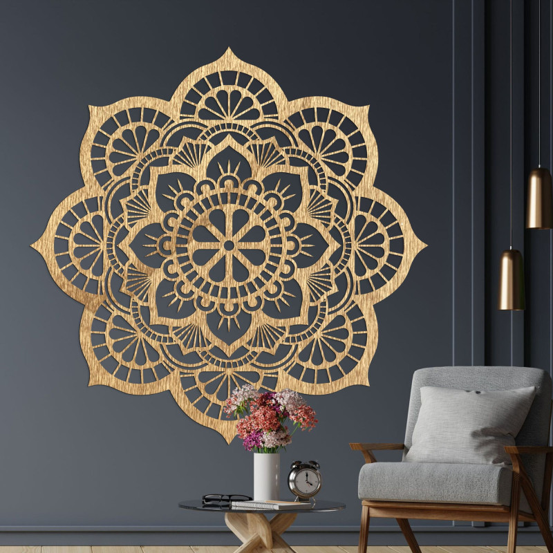 Natural wooden wall decoration in the shape of a blooming flower