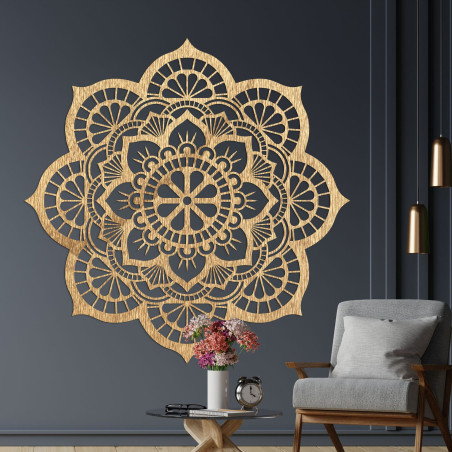 Natural wooden wall decoration in the shape of a blooming flower