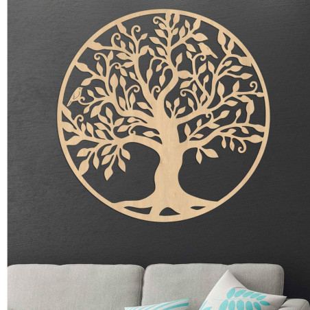 Wooden tree of life on the wall with detailed carving and leaves