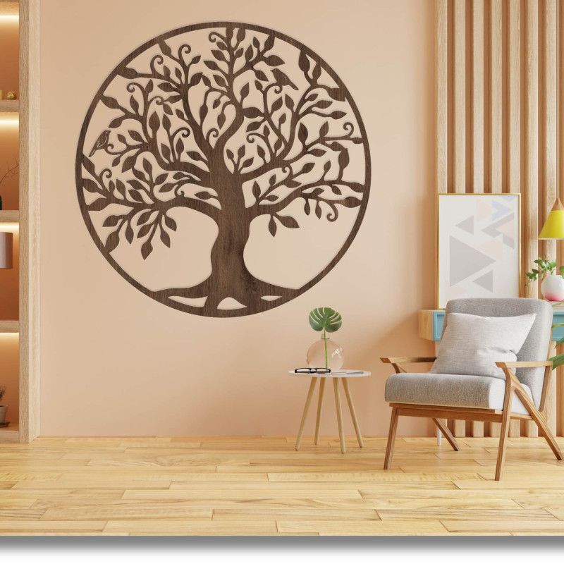 Wooden tree of life on the wall with detailed carving and leaves