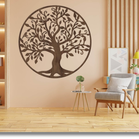 Wooden tree of life on the wall with detailed carving and leaves