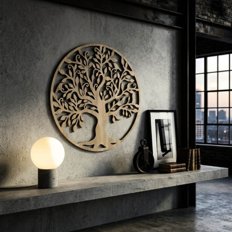 Wooden tree of life on the wall with detailed carving and leaves