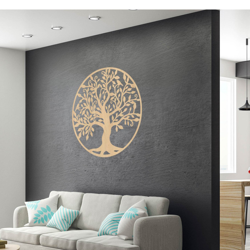 Natural wooden decoration with a motif of a branched tree and leaves