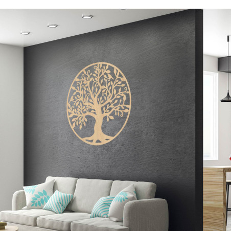 Natural wooden decoration with a motif of a branched tree and leaves
