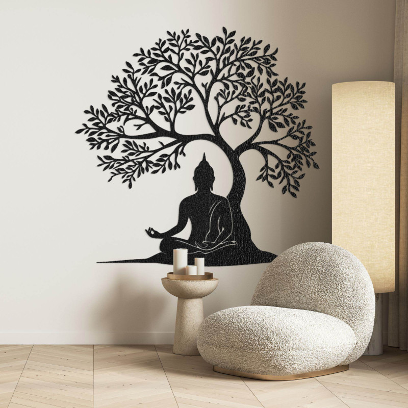Wooden tree of life with a peaceful Buddha silhouette