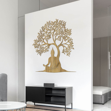 Wooden tree of life with a peaceful Buddha silhouette