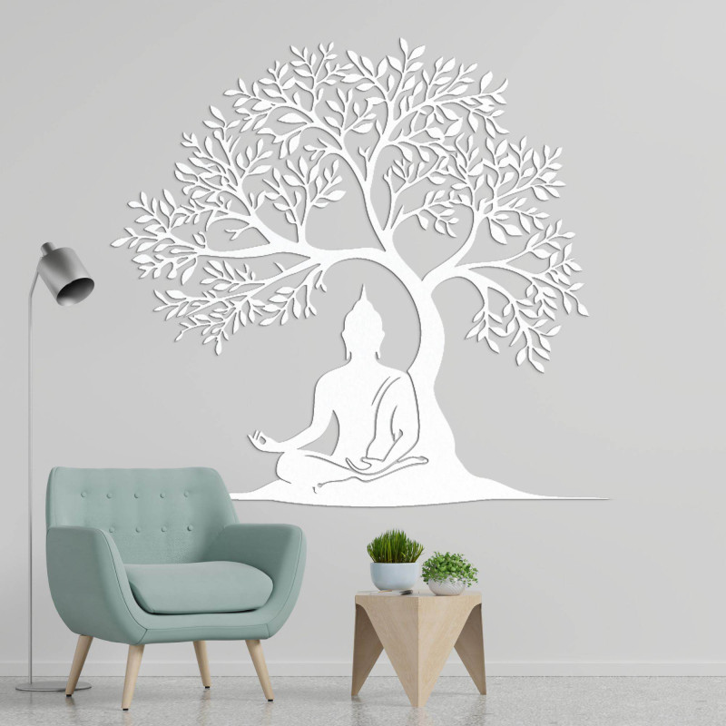 Decorative tree with a meditating Buddha in wooden decor