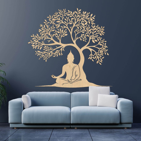 Wooden tree of life with a peaceful Buddha silhouette
