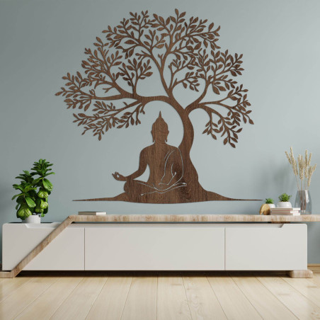 Wooden tree of life with a peaceful Buddha silhouette