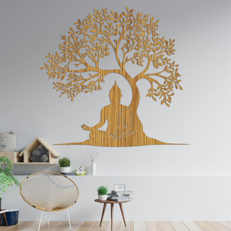 Wooden tree of life with a peaceful Buddha silhouette