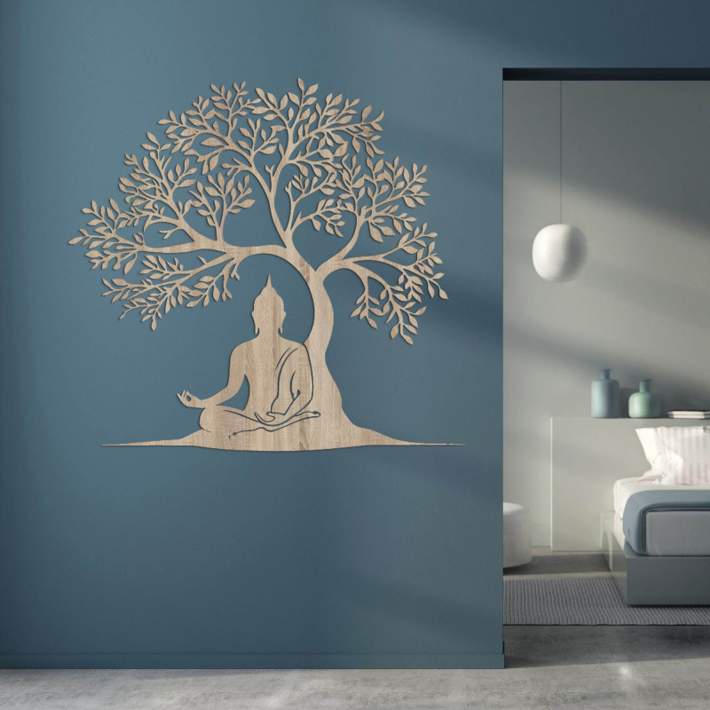 Wooden tree of life with a peaceful Buddha silhouette