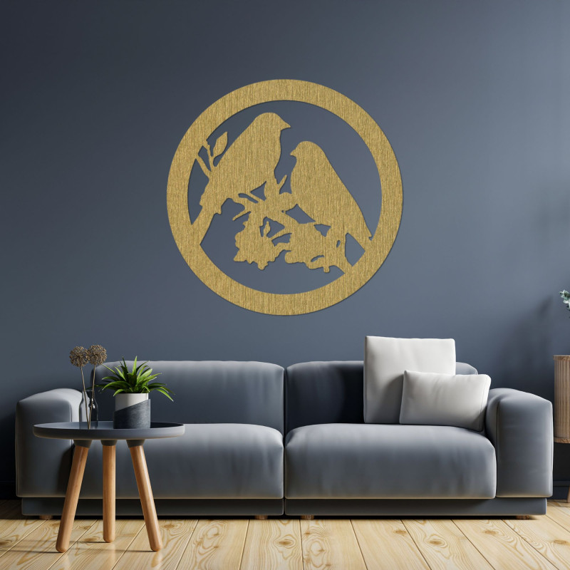 Wooden wall painting birds on a branch - BIERDO