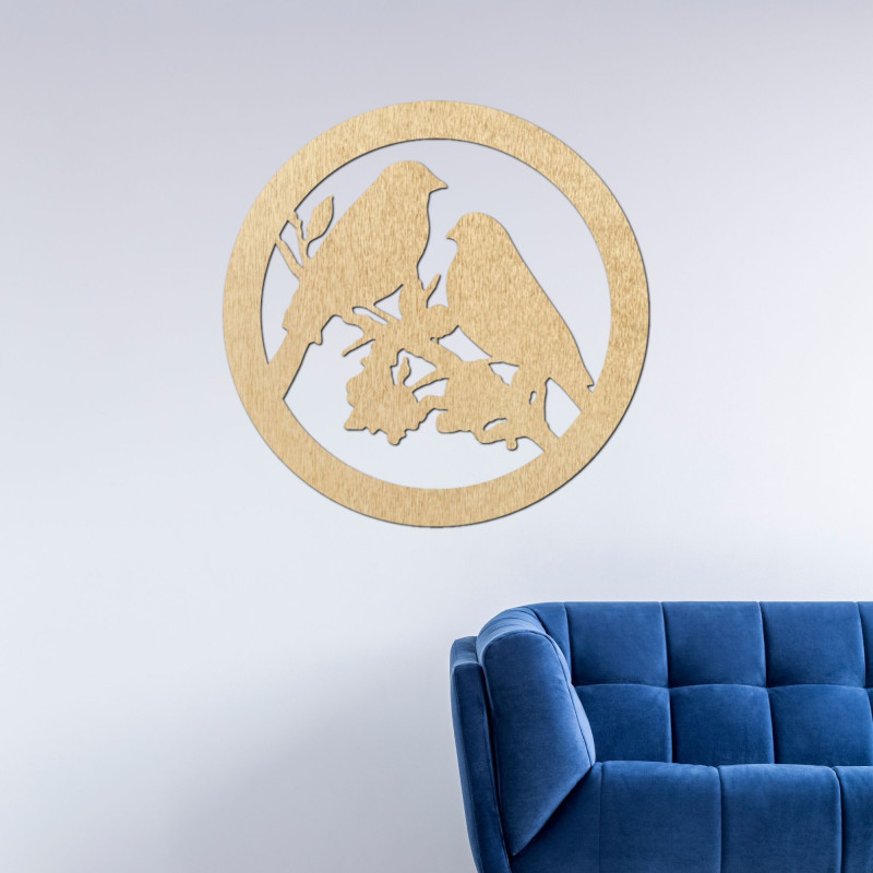 Wooden wall painting birds on a branch - BIERDO