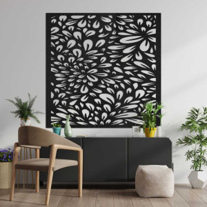 A square wooden painting with rhythmically repeating natural shapes evoking movement. 2