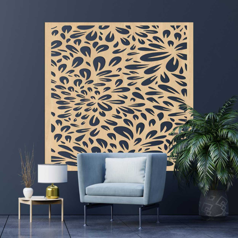 Decorative wooden panel with laser cutout inspired by natural shapes.