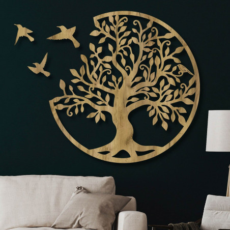 Tree of Life Wooden Wall Art with Birds | Round Carved Nature Decor | BORCHLO