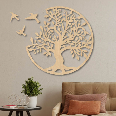 Tree of Life Wooden Wall Art with Birds | Round Carved Nature Decor | BORCHLO