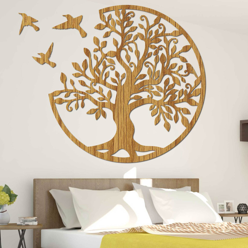 Tree of Life Wooden Wall Art with Birds | Round...