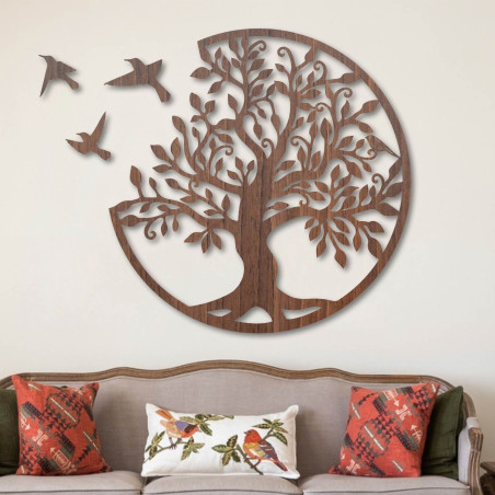 Tree of Life Wooden Wall Art with Birds | Round Carved Nature Decor | BORCHLO