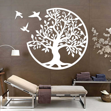 Tree of Life Wooden Wall Art with Birds | Round Carved Nature Decor | BORCHLO