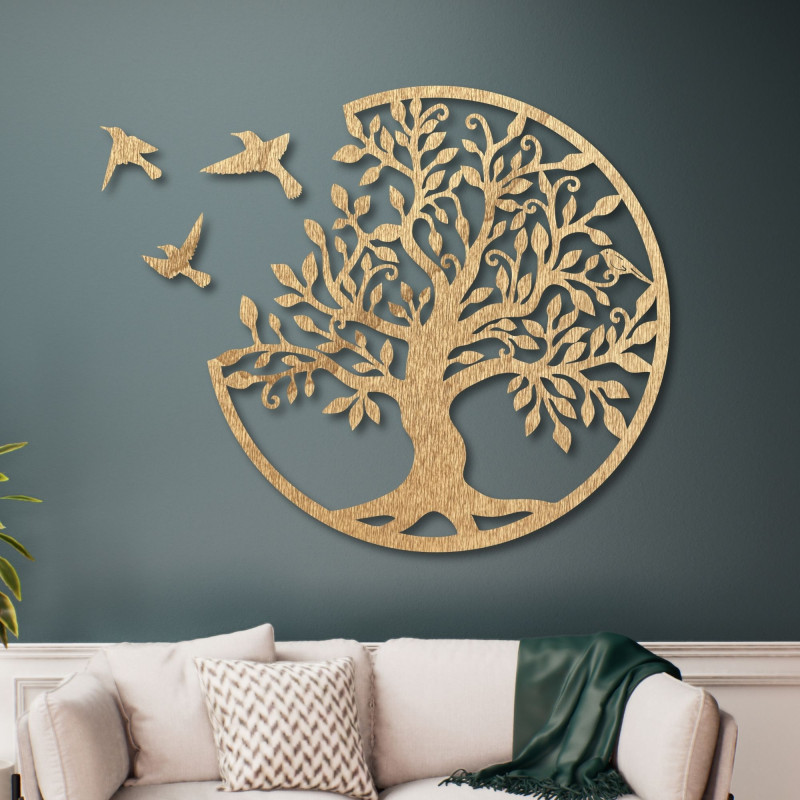 Wooden wall decoration - Tree of life with three flying birds