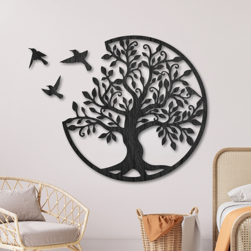 Wooden wall decoration - Tree of life with three flying birds
