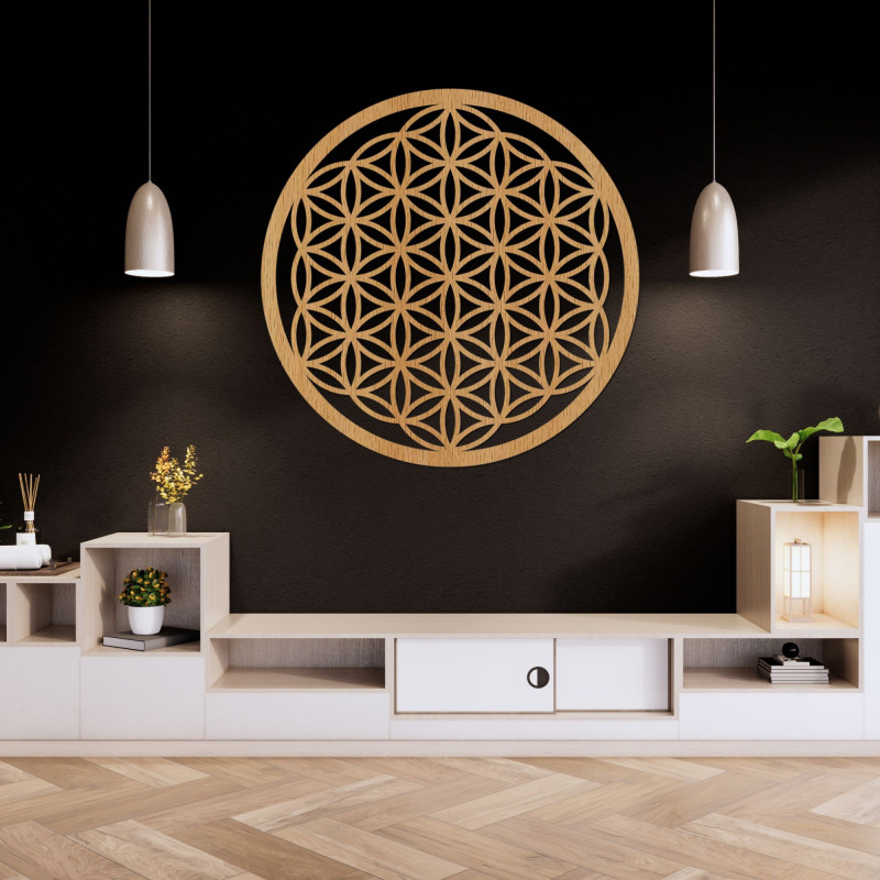 Wooden wall decoration Flower of Life with detailed mandala pattern