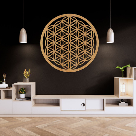 Decorative wooden wall painting with the Flower of Life motif