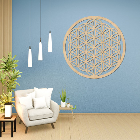 Wooden mandala for the wall with the sacred symbol of the Flower of Life