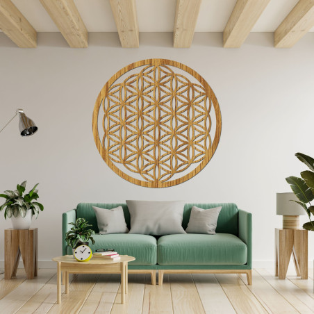 Wooden mandala for the wall with the sacred symbol of the Flower of Life