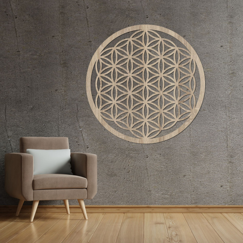Wooden mandala for the wall with the sacred symbol of the Flower of Life