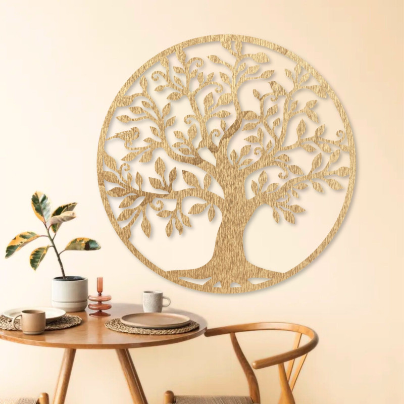 The wooden decoration in the shape of a tree of life is a perfect combination of natural design and elegant art.