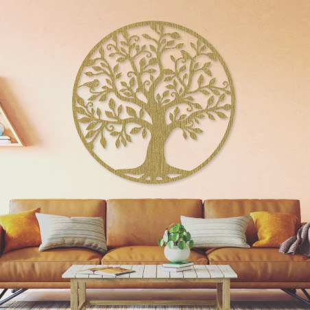 A wooden wall decoration in the form of a majestic tree of life adds a touch of natural beauty to the interior.