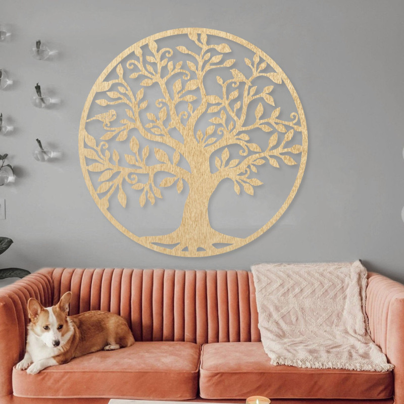 A wooden wall decoration in the form of a majestic tree of life adds a touch of natural beauty to the interior.