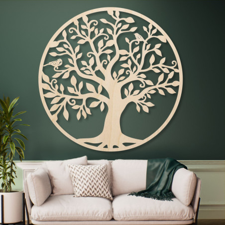 A wooden wall decoration in the form of a majestic tree of life adds a touch of natural beauty to the interior.