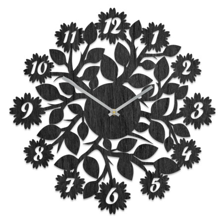 Elegant wooden clock with silent operation and a delicate floral motif.