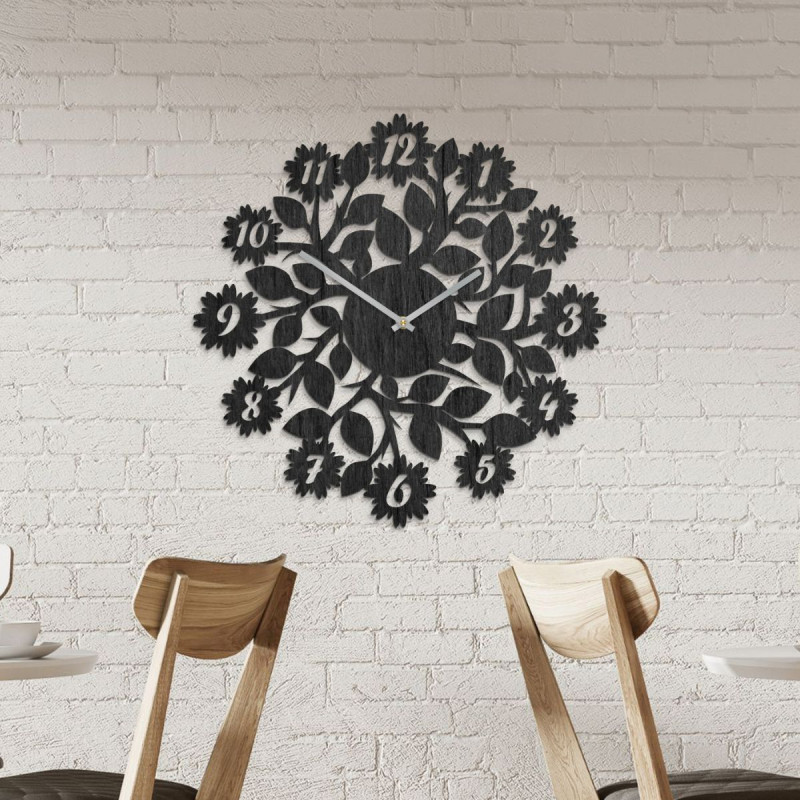 Elegant wooden clock with silent operation and a delicate floral motif.