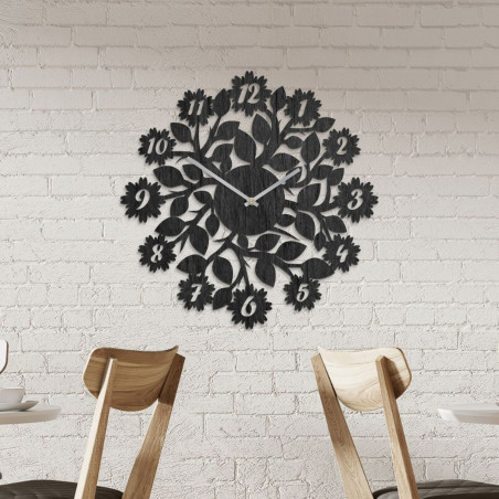 Elegant wooden clock with silent operation and a delicate floral motif.