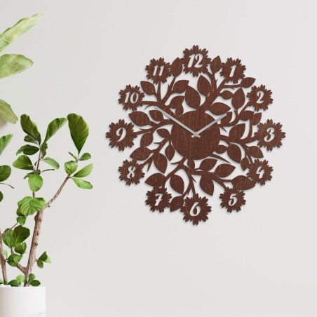 Elegant wooden clock with silent operation and a delicate floral motif.