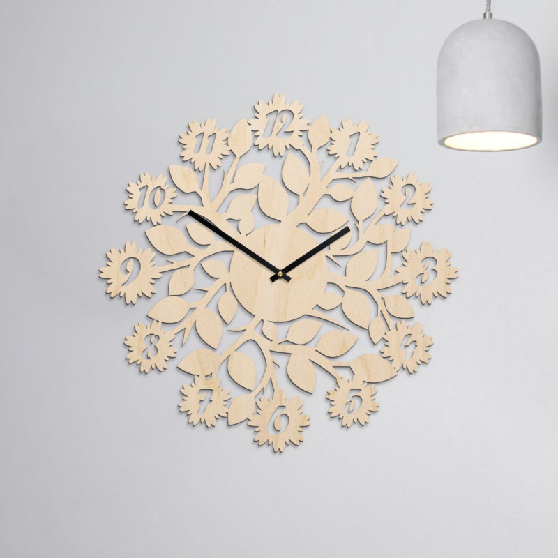 Elegant wooden clock with silent operation and a delicate floral motif.