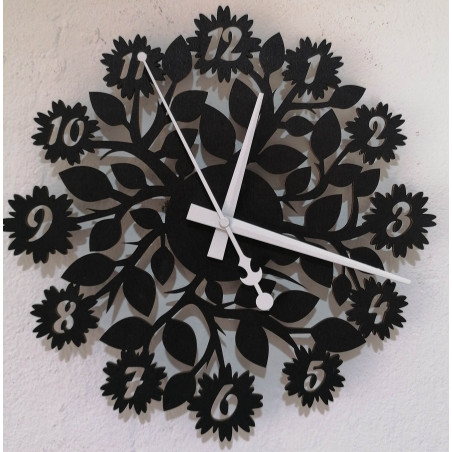 Elegant wooden clock with silent operation and a delicate floral motif.
