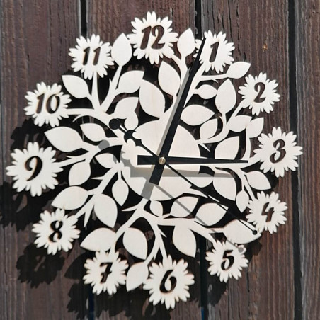 Elegant wooden clock with silent operation and a delicate floral motif.