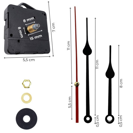 Precise and quiet black teardrop aluminum hands for wall clocks with quartz movement.