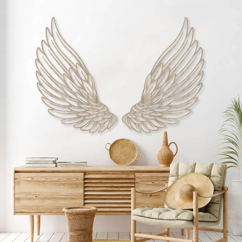 This wooden wall decoration in the shape of angel wings symbolizes freedom, protection, and lightness.