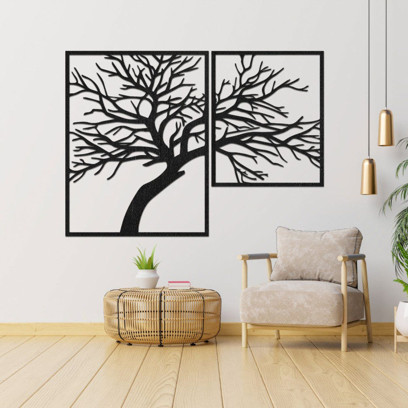 Wooden picture of a tree with carved branches