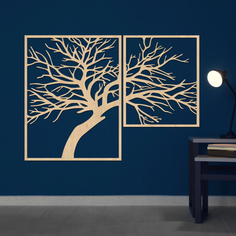 The two-part painting depicts an elegant tree with detailed carved branches, created in warm wood tones.
