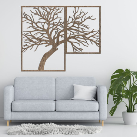 The two-part painting depicts an elegant tree with detailed carved branches, created in warm wood tones.