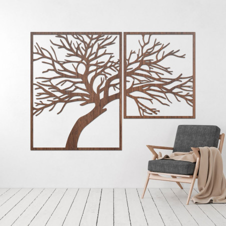The two-part painting depicts an elegant tree with detailed carved branches, created in warm wood tones.