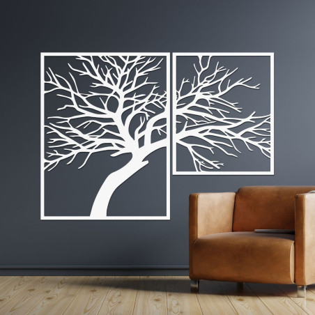 The two-part painting depicts an elegant tree with detailed carved branches, created in warm wood tones.