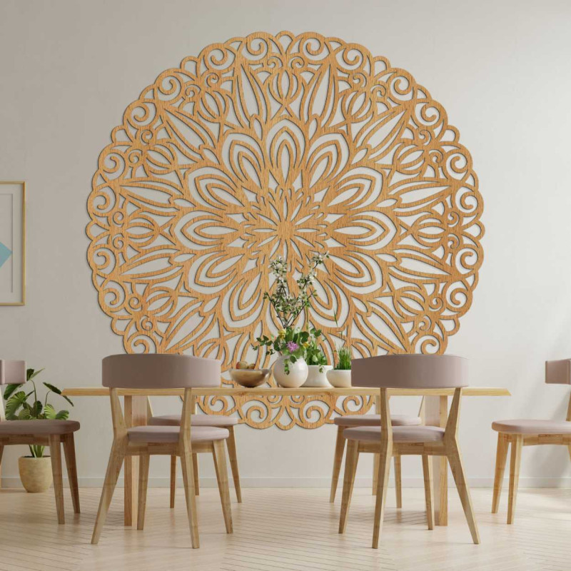 Carved wooden mandala on the wall, flower of...